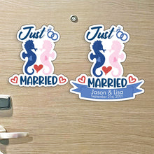 Load image into Gallery viewer, Custom Just Married - Cruise Magnet - Custom Name and Date - Nautical Design with Seahorses and Wedding Bands - Custom
