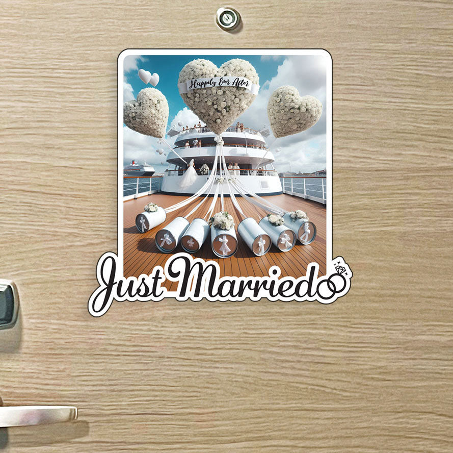 Just Married - Cruise Magnet - w/ Traditional Newlyweds Tin Cans and Large Heart Flower Bouquets