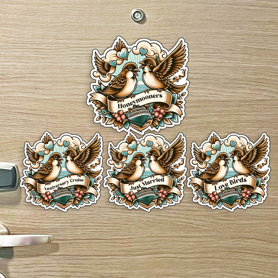 Love Birds Cruise MAGNET w/ Sailor Style Tattoo Cruise Theme- Several Sayings Available (Newlyweds, Honeymooners)