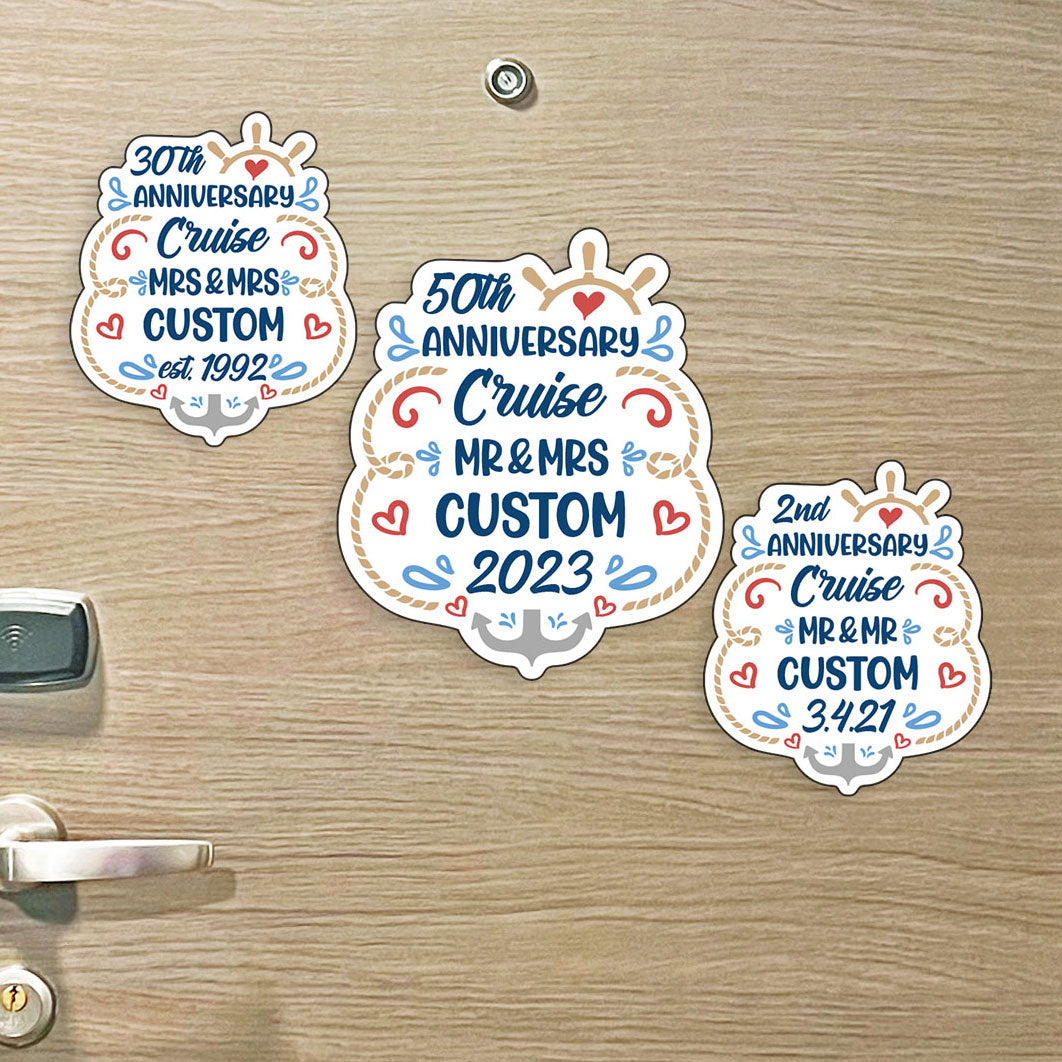 Custom Anniversary Cruise Mr/Mrs/"The" Family Name Trip w/ Anchor & Hearts - Custom Cruise Magnet - Several Colors