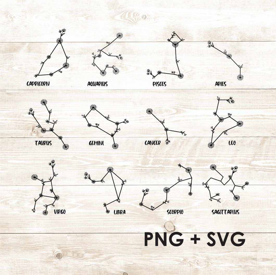 Constellations Wildflower - Cute Zodiac - SVG + PNG Bundle - Digital Download