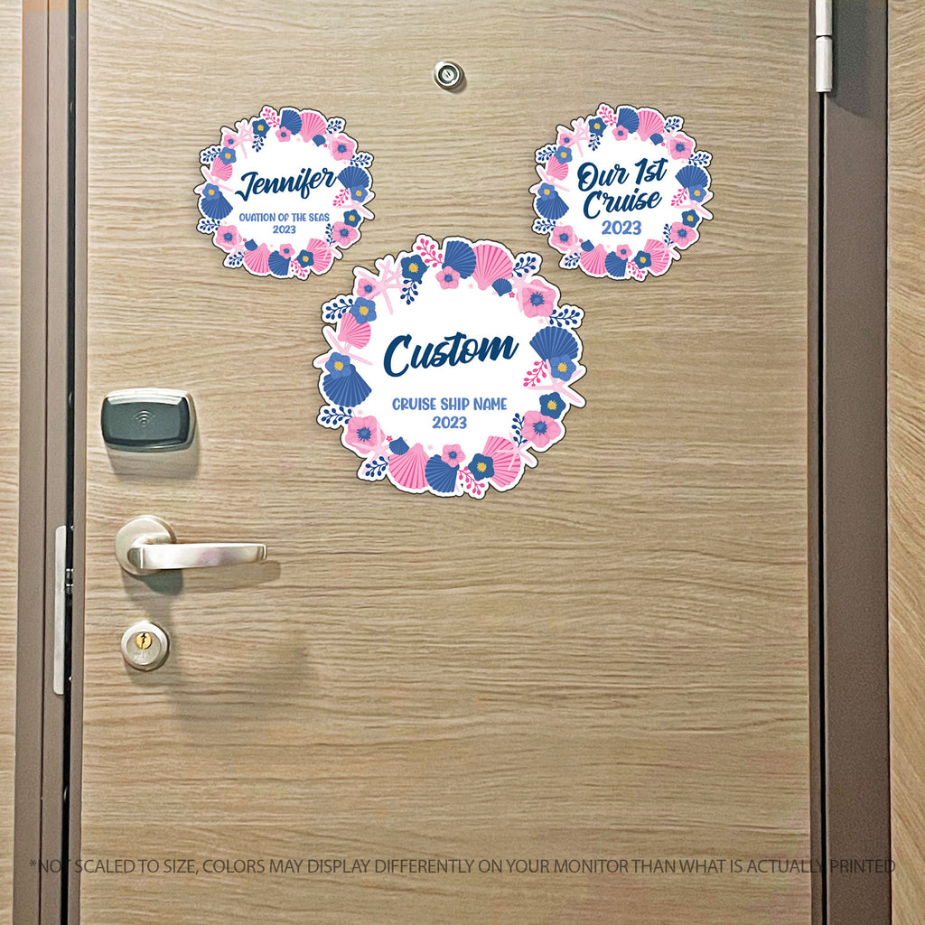 Round Customizable - Pink and Blue Nautical Wreath with Shells and Flowers - Awesome Cruise Magnet - Custom