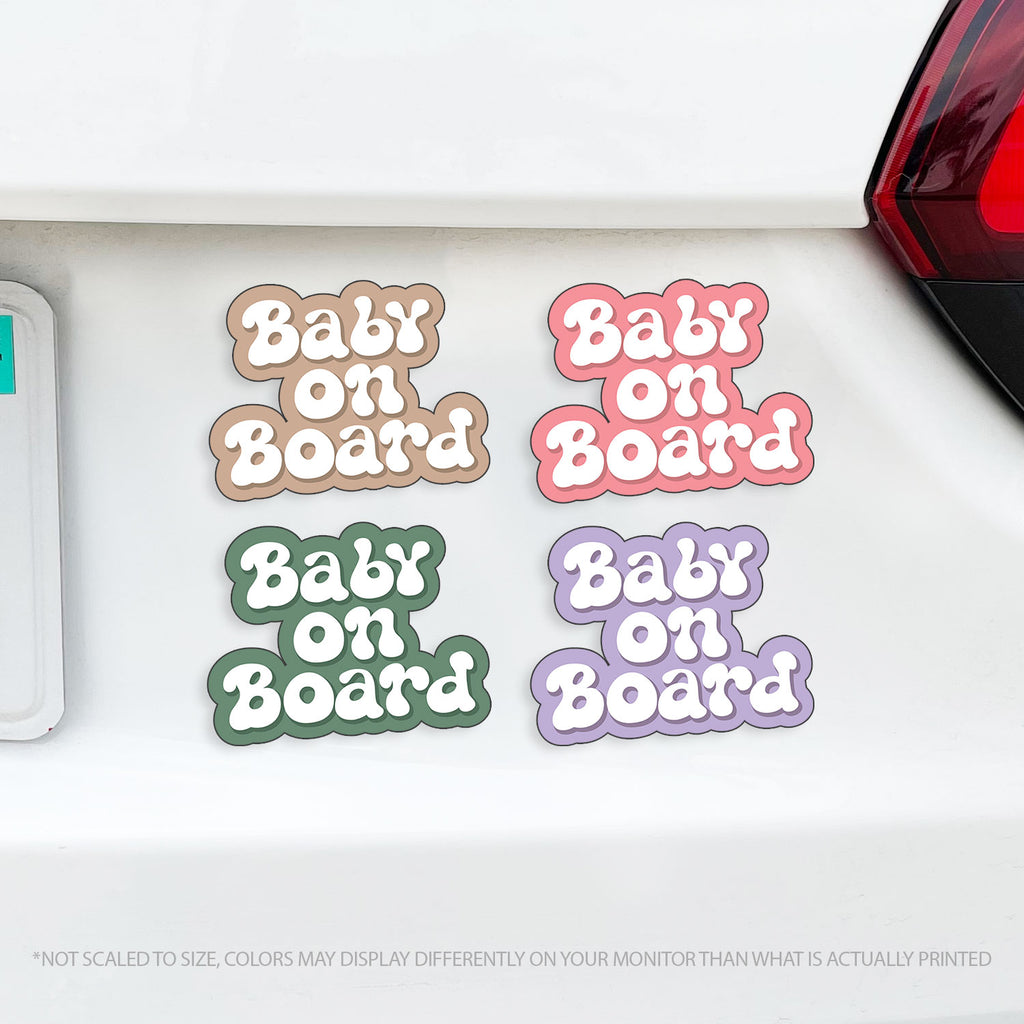 Retro Baby On Board Caution Magnet Groovy Text - Several Colors Available