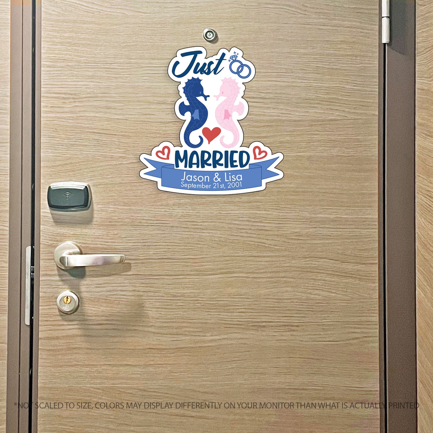 Custom Just Married - Cruise Magnet - Custom Name and Date - Nautical Design with Seahorses and Wedding Bands - Custom