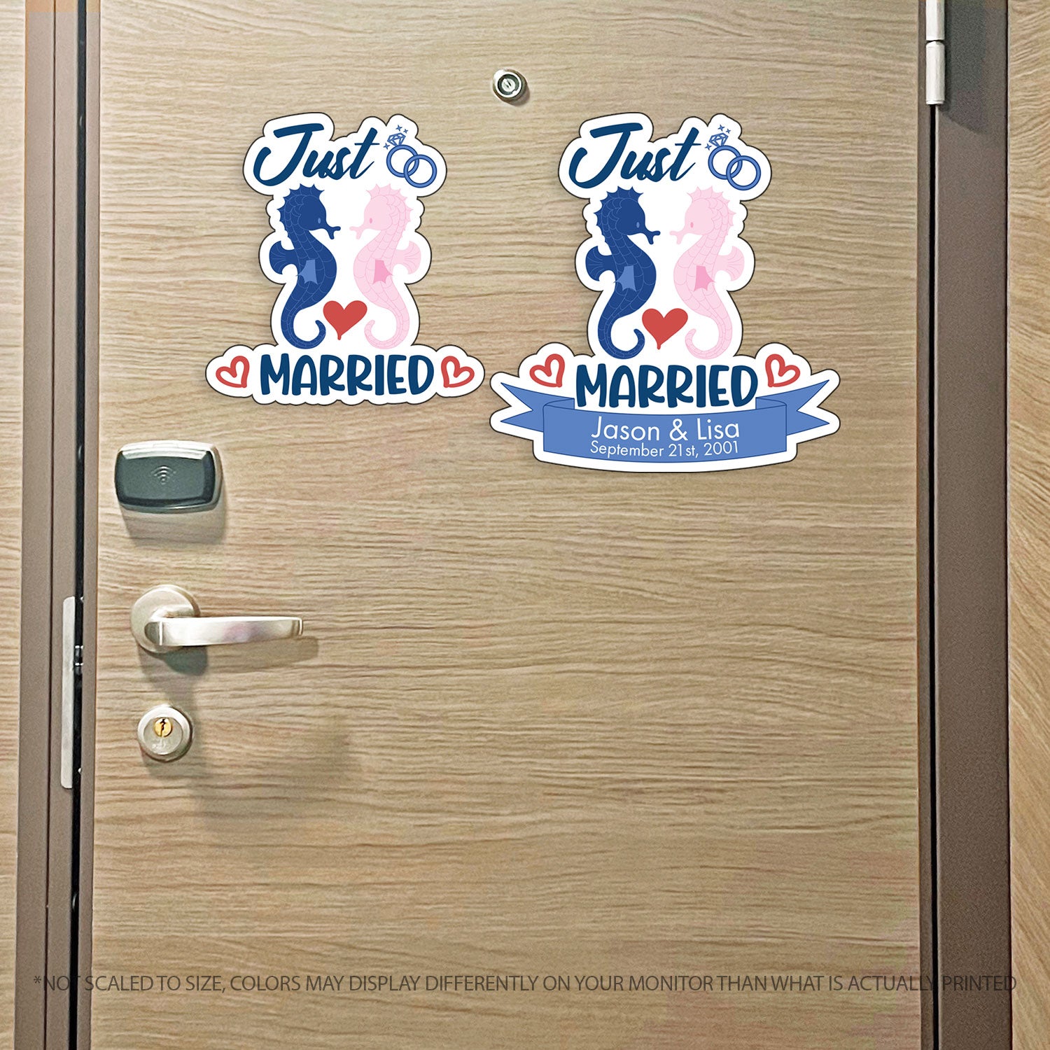 Custom Just Married - Cruise Magnet - Custom Name and Date - Nautical Design with Seahorses and Wedding Bands - Custom