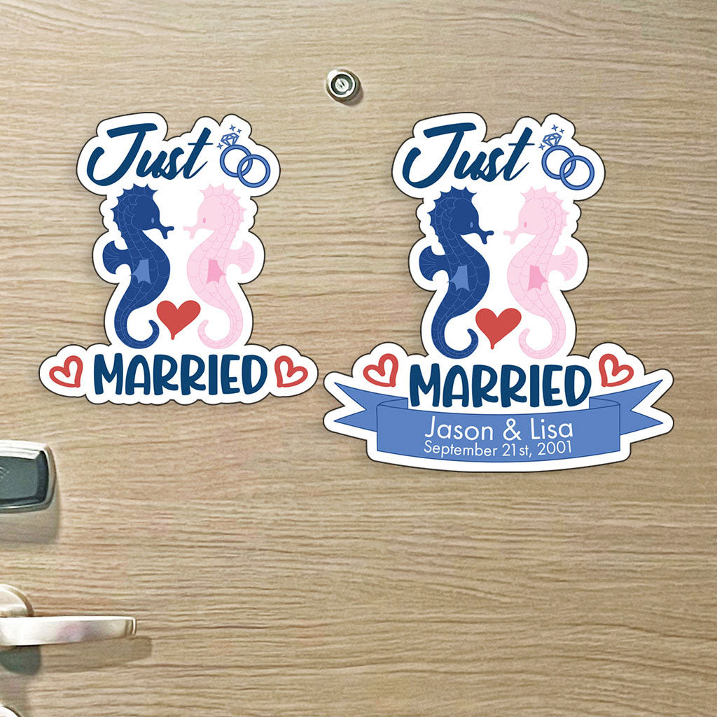 Custom Just Married - Cruise Magnet - Custom Name and Date - Nautical Design with Seahorses and Wedding Bands - Custom