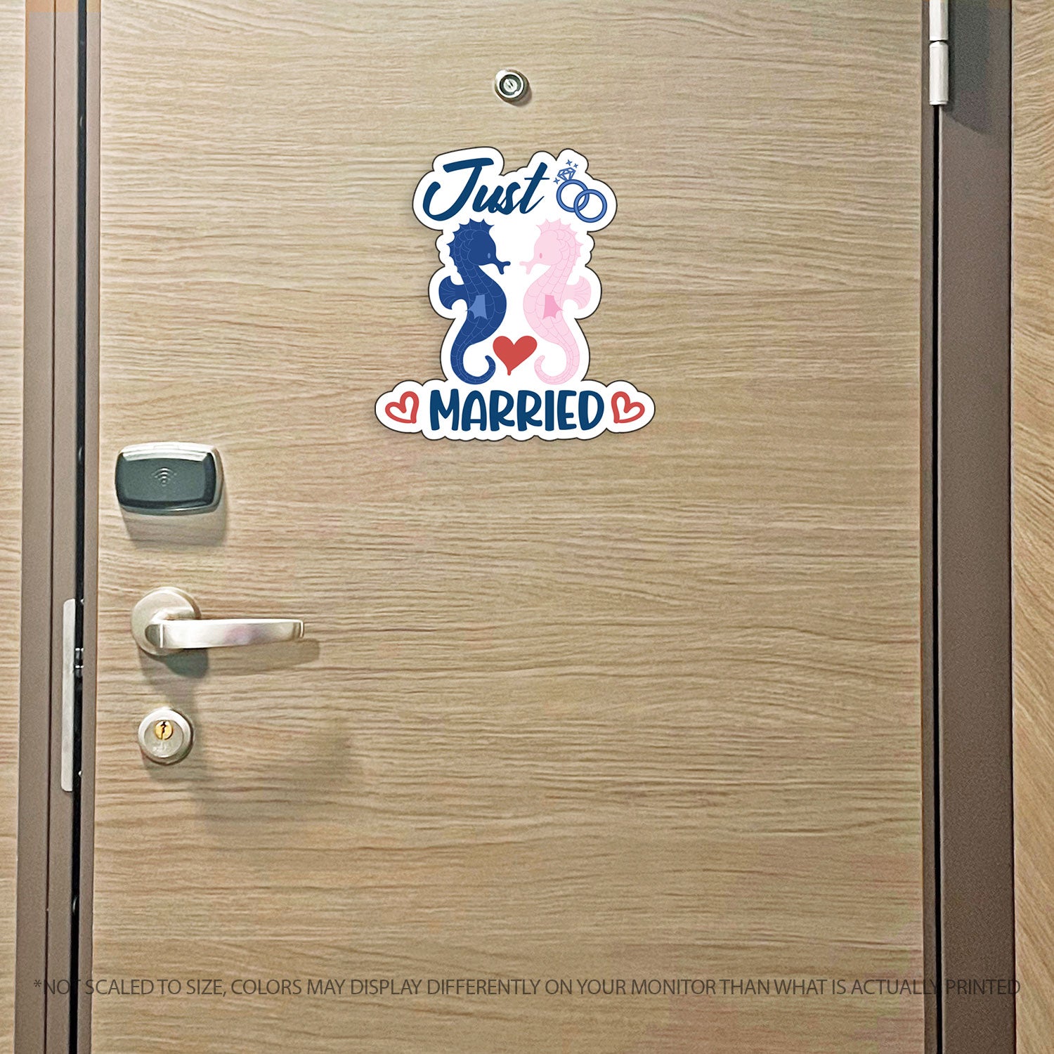 Custom Just Married - Cruise Magnet - Custom Name and Date - Nautical Design with Seahorses and Wedding Bands - Custom