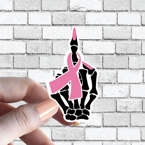 F Cancer Long Nails Middle Finger Skeleton Hand Fuck Cancer Sticker - Several Ribbon Colors