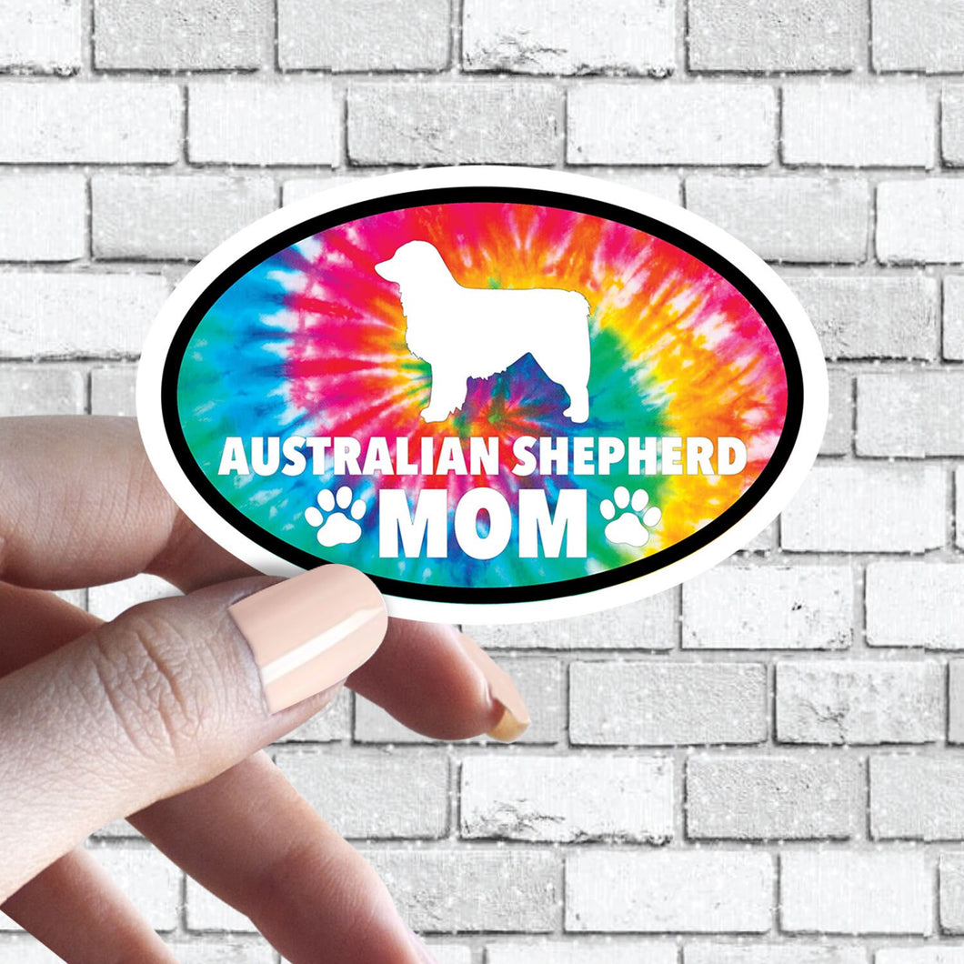 Aussie Australian Shepherd - Dog Mom Oval Tie Dye Sticker