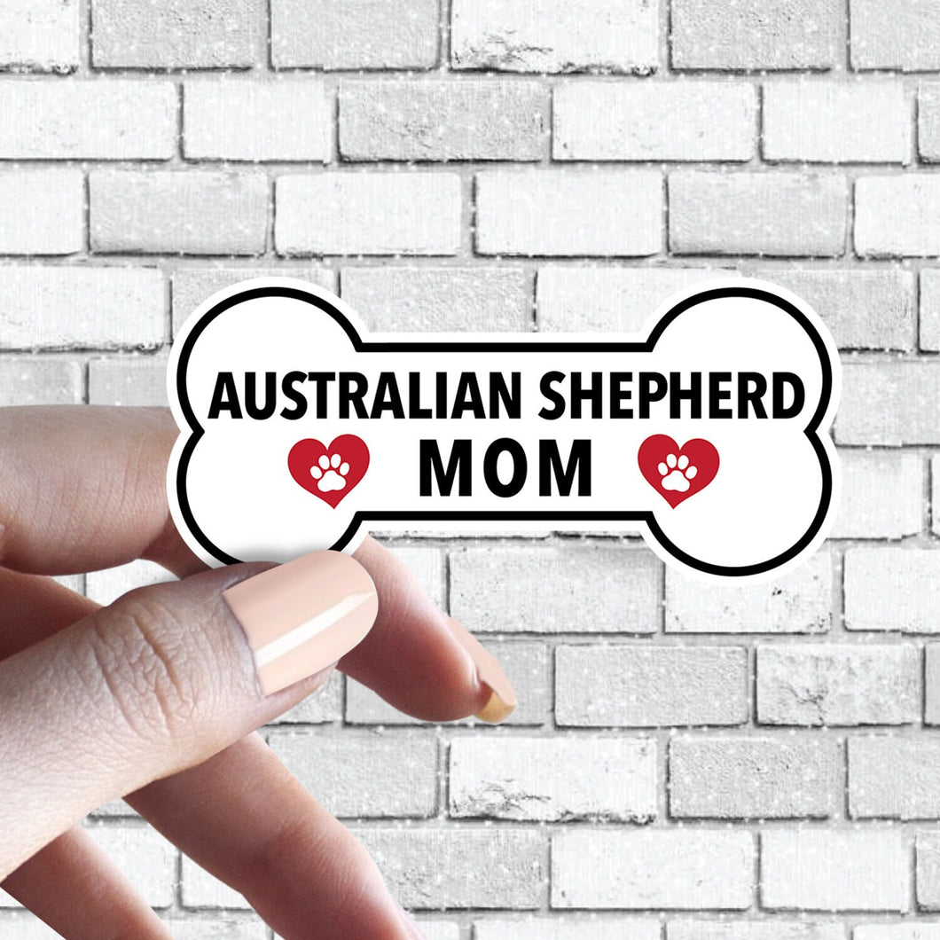 Aussie Australian Shepherd Mom- Dog Bone Sticker with Red Hearts