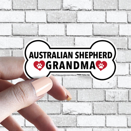 Aussie Australian Shepherd Grandma - Dog Bone Sticker with Red Hearts