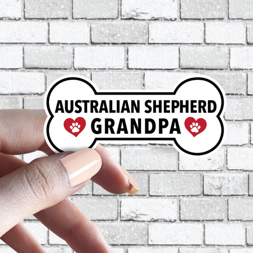 Aussie Australian Shepherd Grandpa - Dog Bone Sticker with Red Hearts