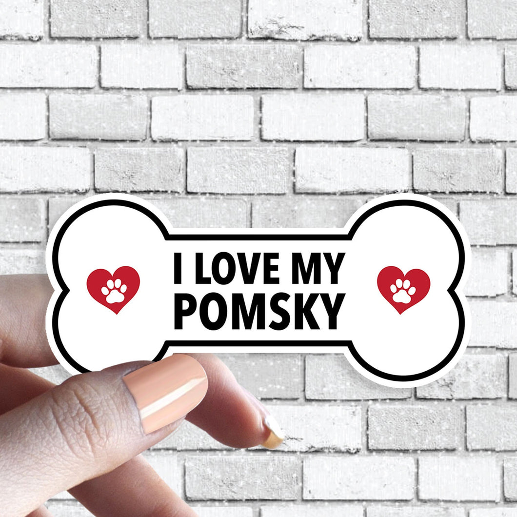 Pomsky - Dog Dog Bone - I love my Pomsky Dog Sticker Black and White