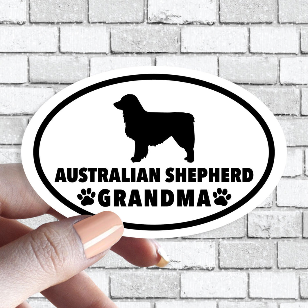 Aussie Australian Shepherd Grandma - Dog Grandparent Oval Black and White Sticker