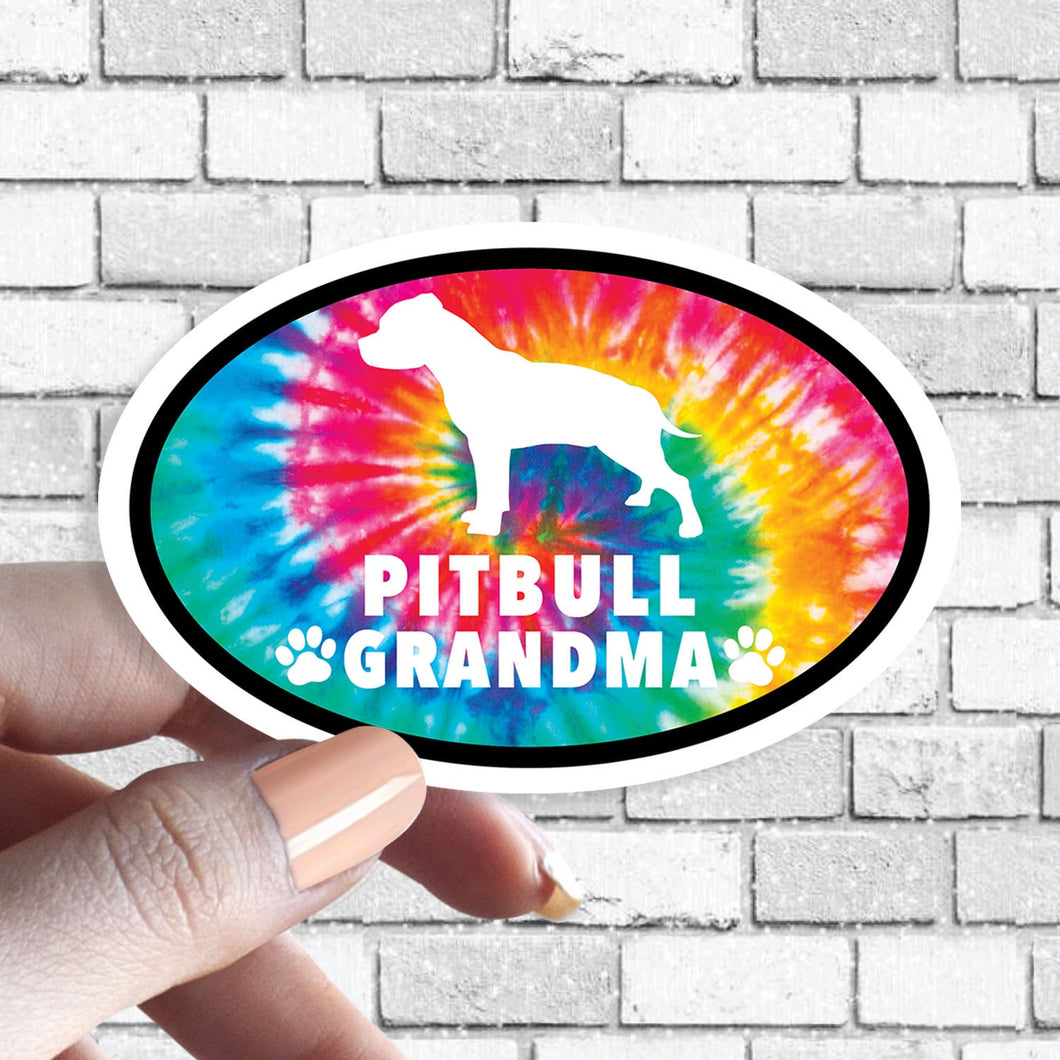 Pitbull Grandma - Pitbull Dog Grandparent Oval Tie Dye Dog Sticker