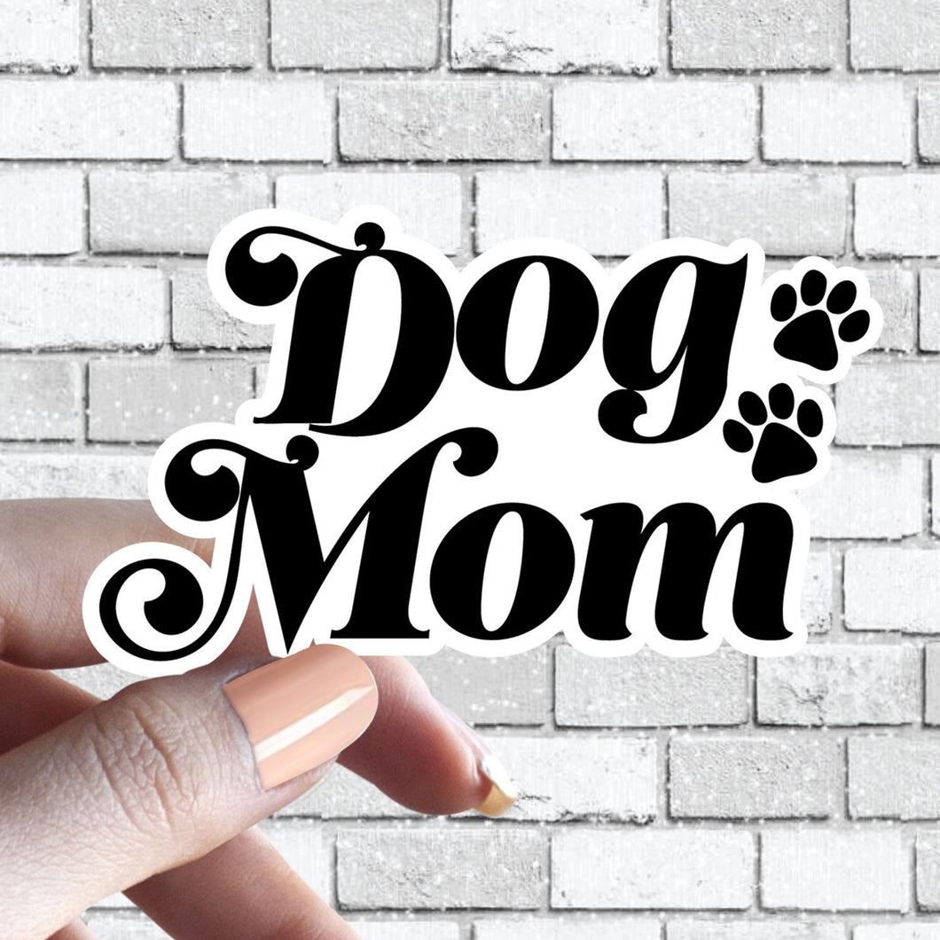 Dog Mom with Paws STICKER Dog Mama Groovy Text Modern Cute Design- Black and White Sticker