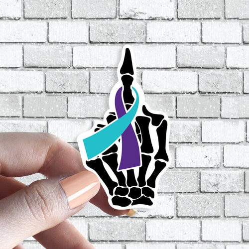 Sucide Prevention Ribbon Skeleton Hand Middle Finger Sticker, Ribbon Colors Teal Blue Purple, September Sucide Prevention Month