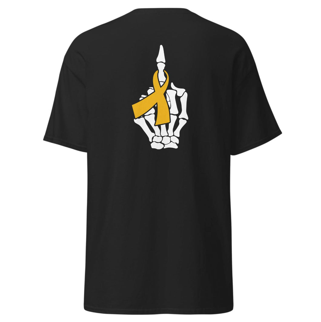 Fuck Cancer Skeleton Middle Finger (Printed on the BACK of Black T-shirt)